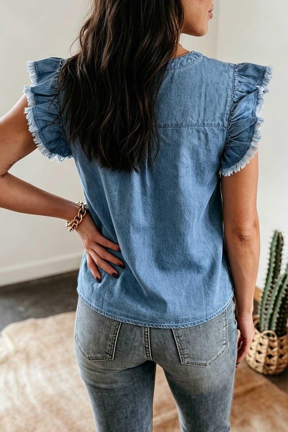 Western Summer Frilled Collar Flutter Sleeve Denim Top