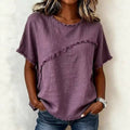 Frayed Edge Linen Blend Top Round Neck Short Sleeve Casual
