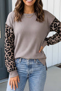 LAS Western Leopard Waffle Knit Split Hem Blouse (S-XL)