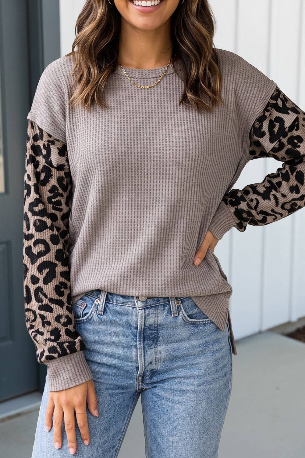 LAS Western Leopard Waffle Knit Split Hem Blouse (S-XL)