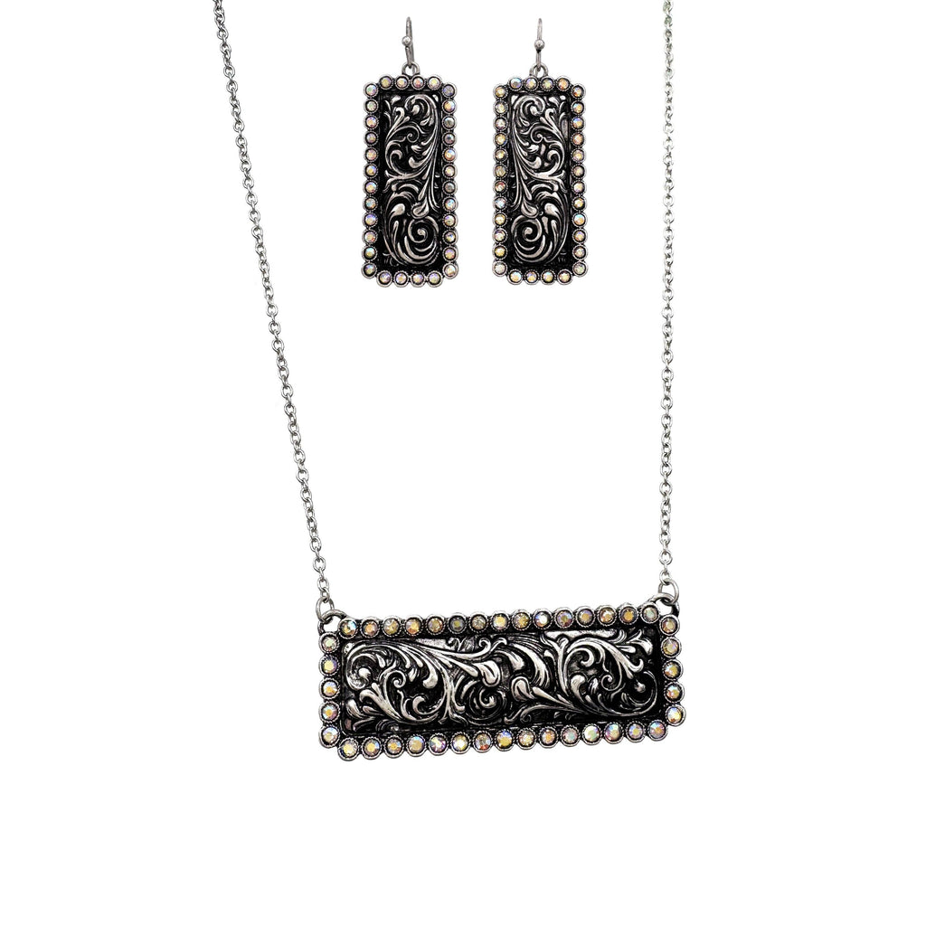AB Rhinestone Western Bar Pendant Necklace Earrings