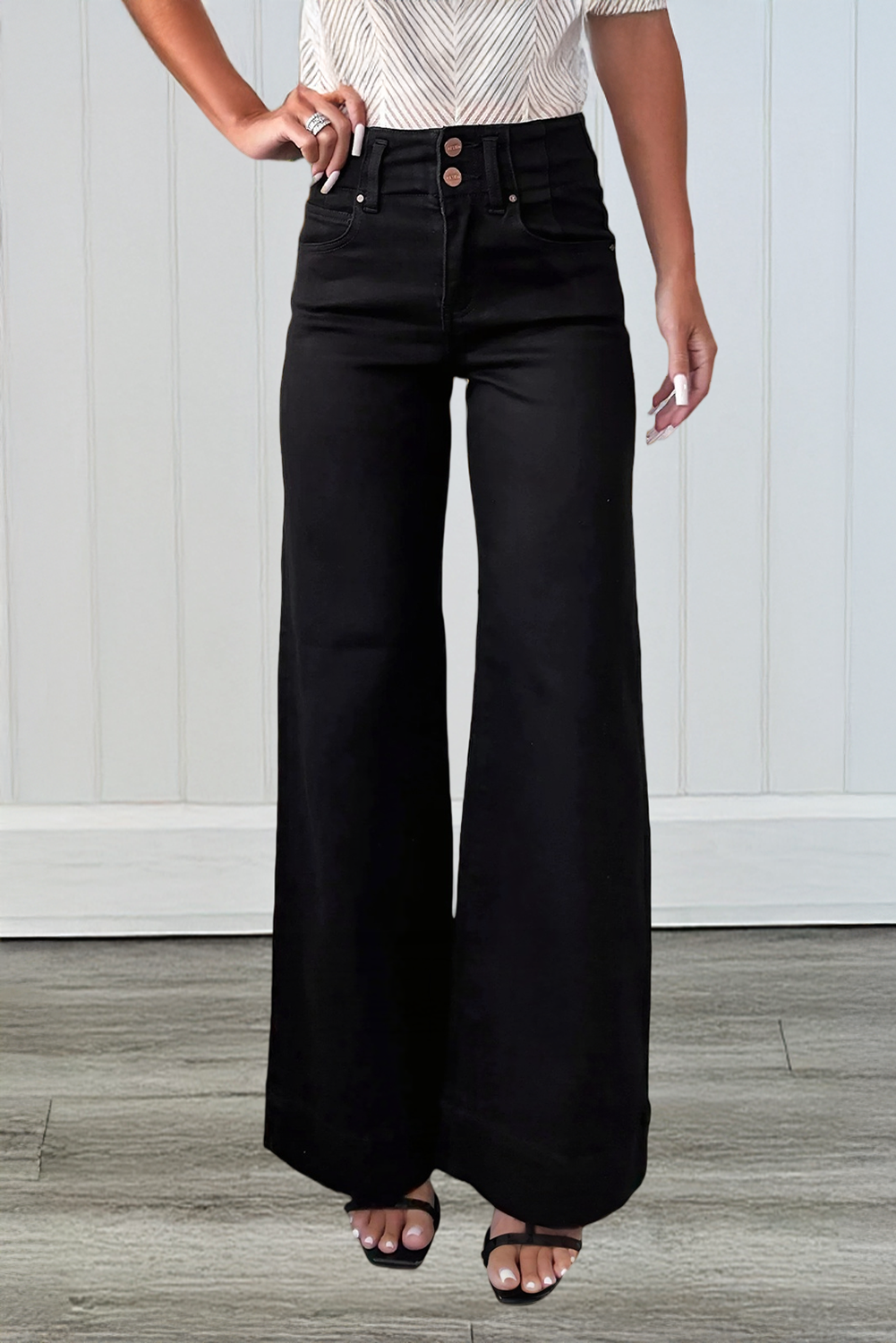 LAS Black 2-Button High Waist Flared Bottom Jeans (4-16)