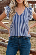 Stripe Lace Contrast Ruffle Trim V Neck sleeveless Tank Top