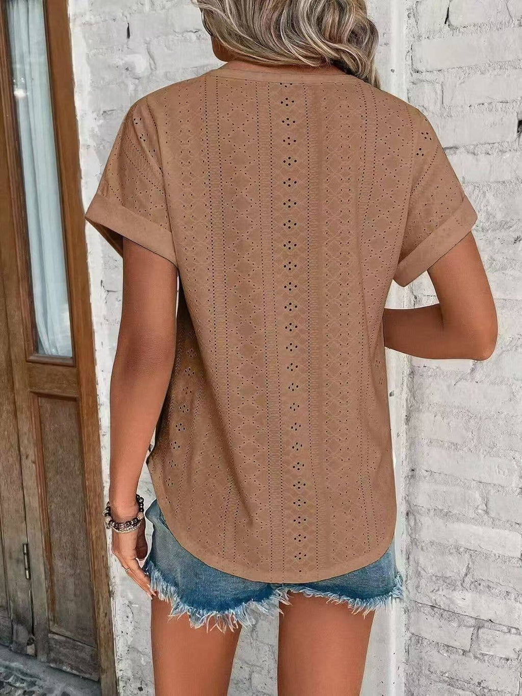 Solid Eyelet Short Sleeve Tee Loose Fit Casual Top