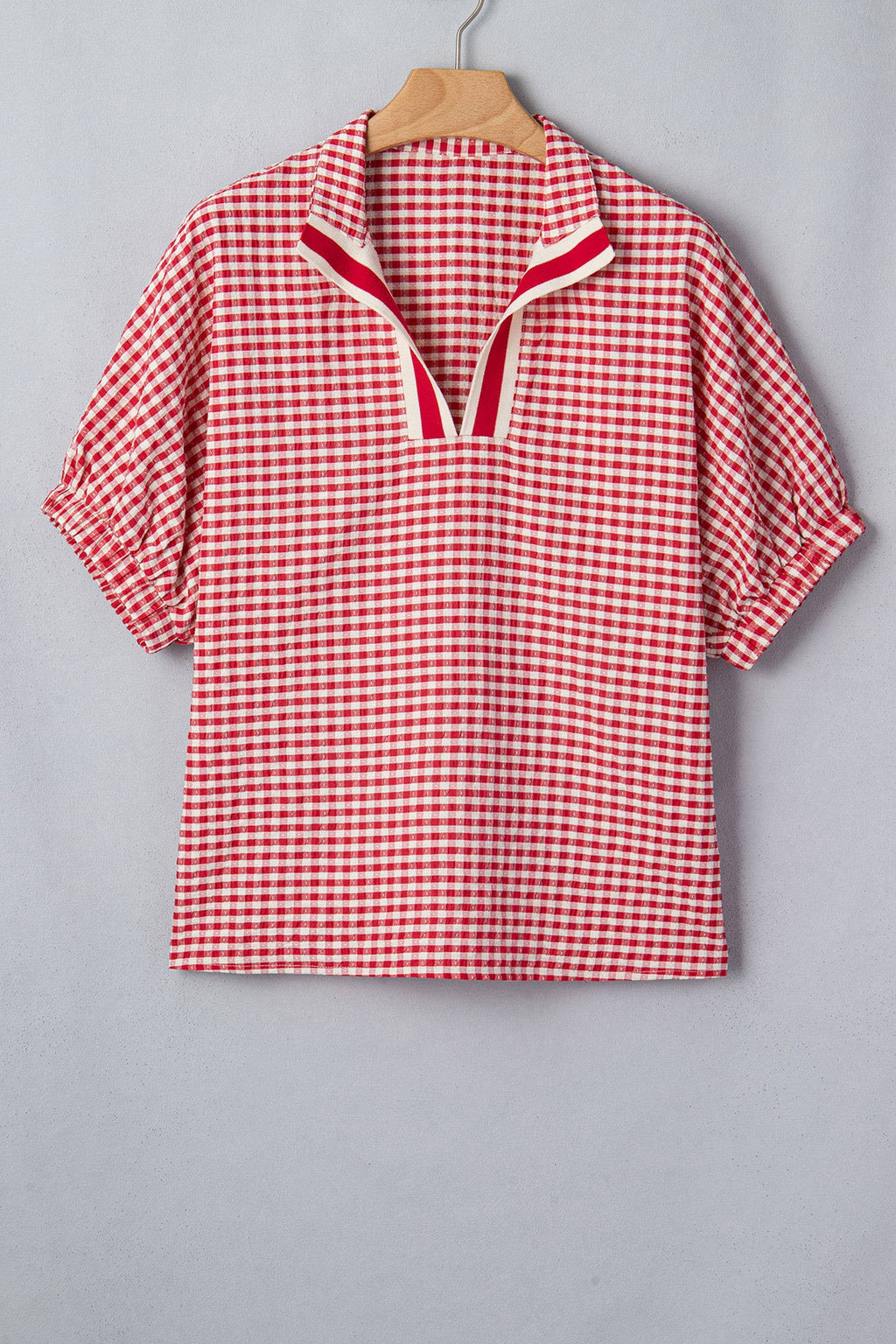 Gingham Short Sleeve Colorblock Trim Split Neck Top (S-XL)