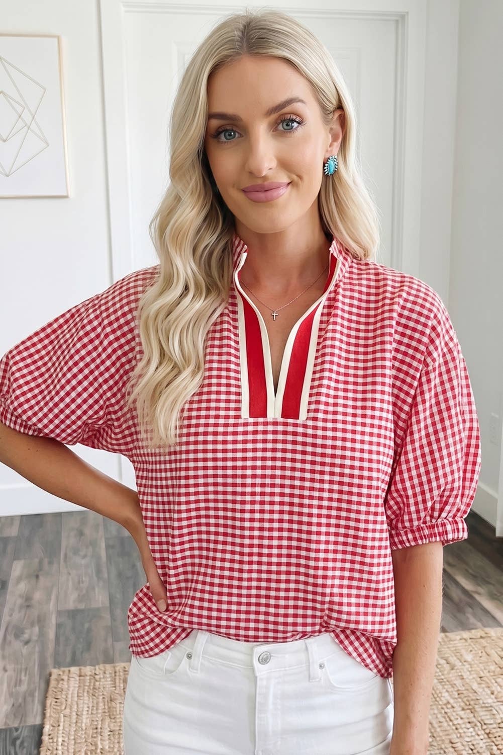 Gingham Short Sleeve Colorblock Trim Split Neck Top (S-XL)