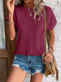 Solid Eyelet Short Sleeve Tee Loose Fit Casual Top