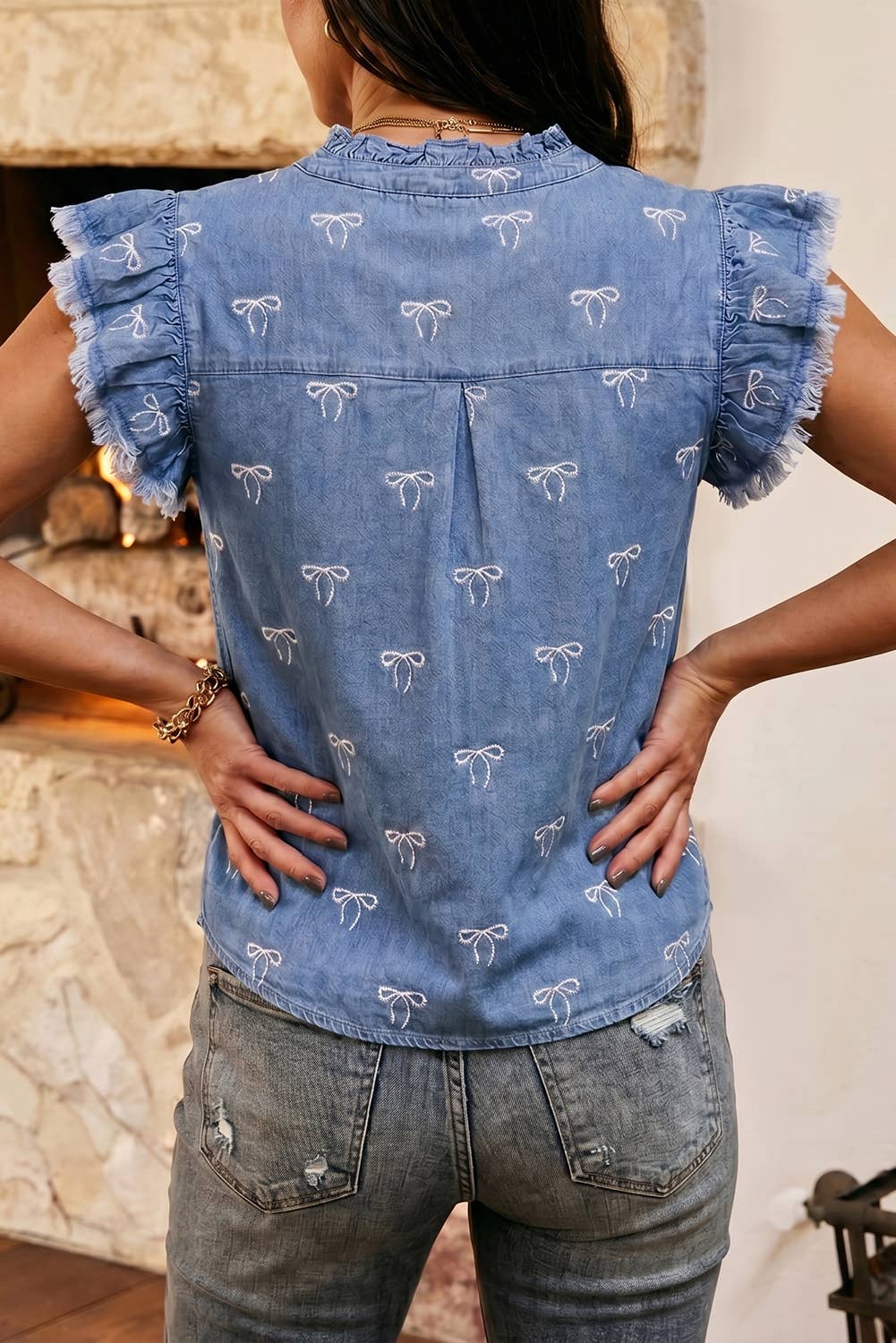 Western Summer Frilled Collar Flutter Sleeve Denim Top