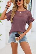 Crochet Lace Yoke Short Sleeve Waffle Knit Casual Top