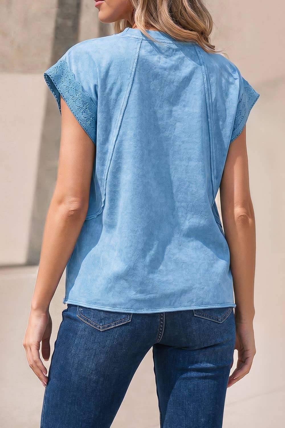 Solid Mineral Wash Raw Seam Detail Lace Trim Cap Sleeve Top