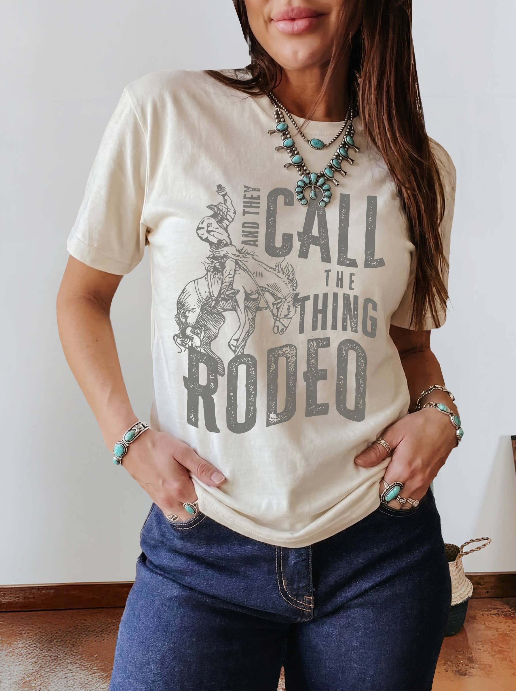 CALL THE THING RODEO Print Round Neck T Shirt