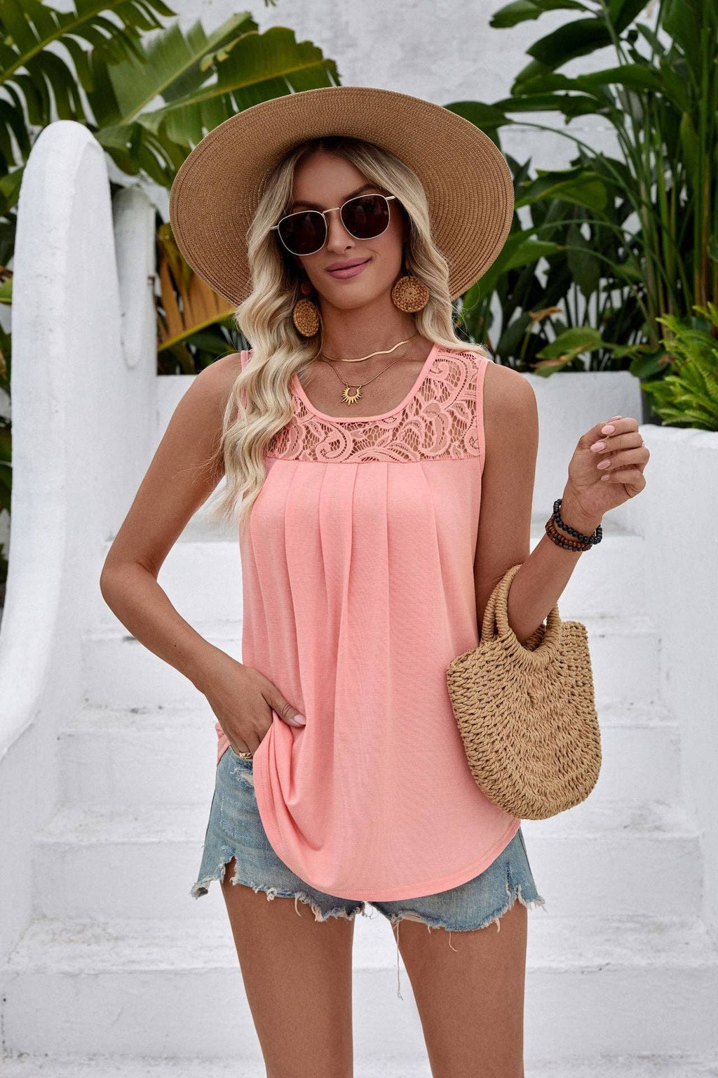 Solid Lace Tank Top Sleeveless Pleated Loose Summer