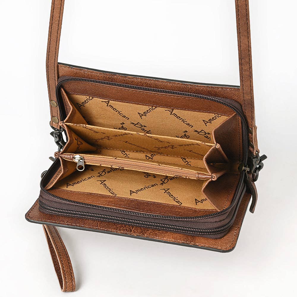 Hand Tooled Floral Leather Western Organiser Bag with Concho