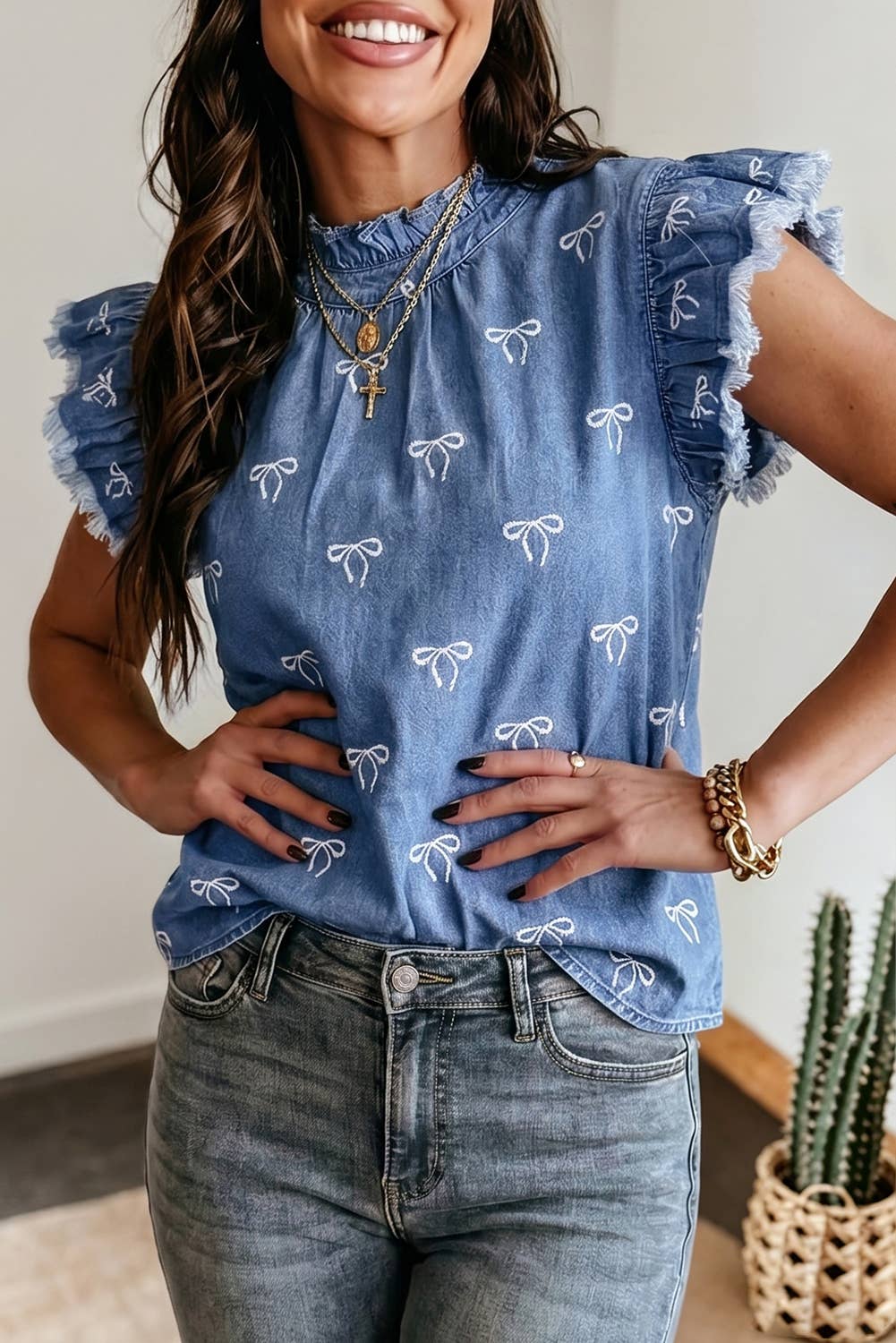 Western Summer Frilled Collar Flutter Sleeve Denim Top