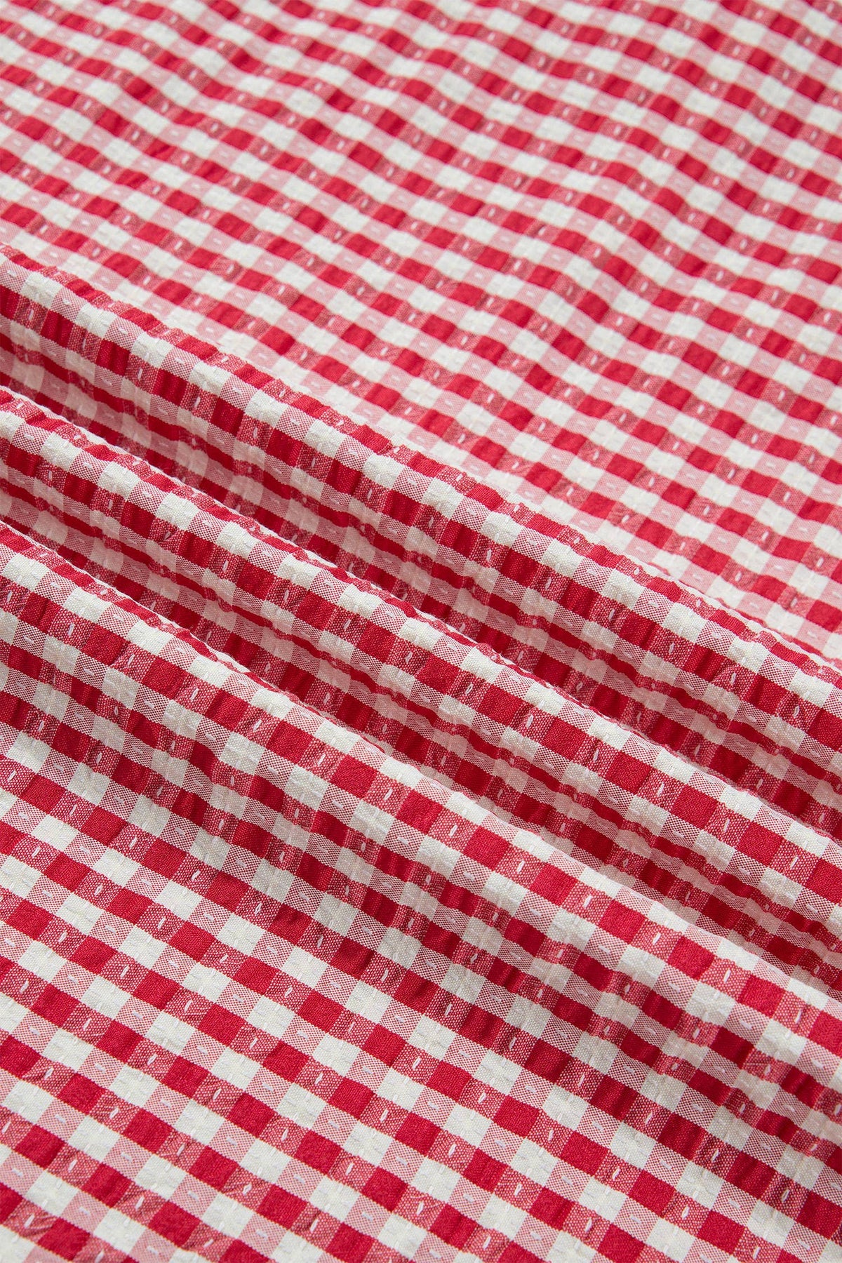 Gingham Short Sleeve Colorblock Trim Split Neck Top (S-XL)