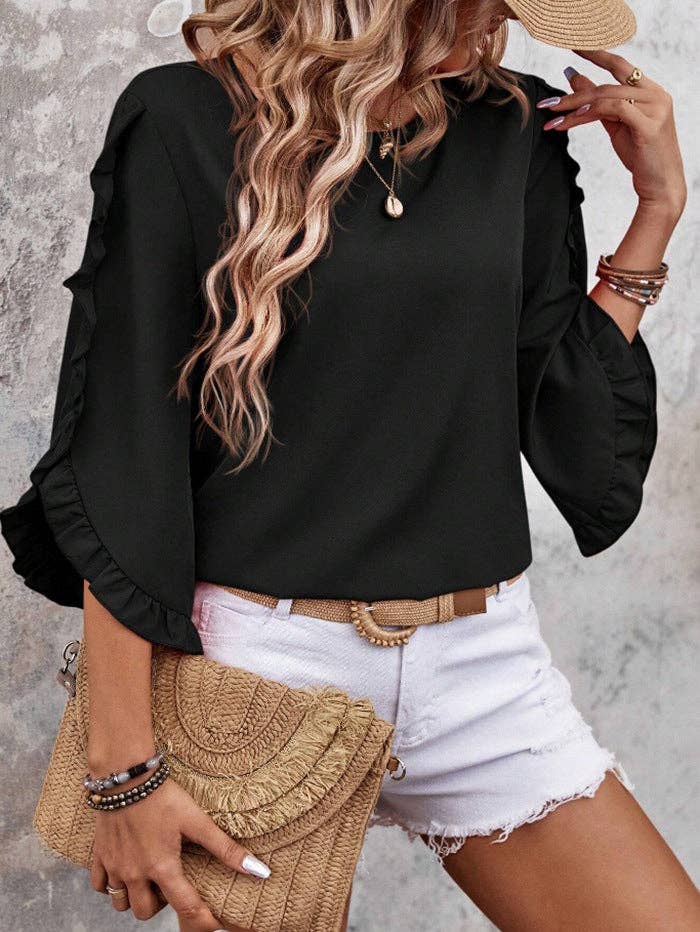 Women’s Solid Ruffle Sleeve Loose Fit Summer Blouse