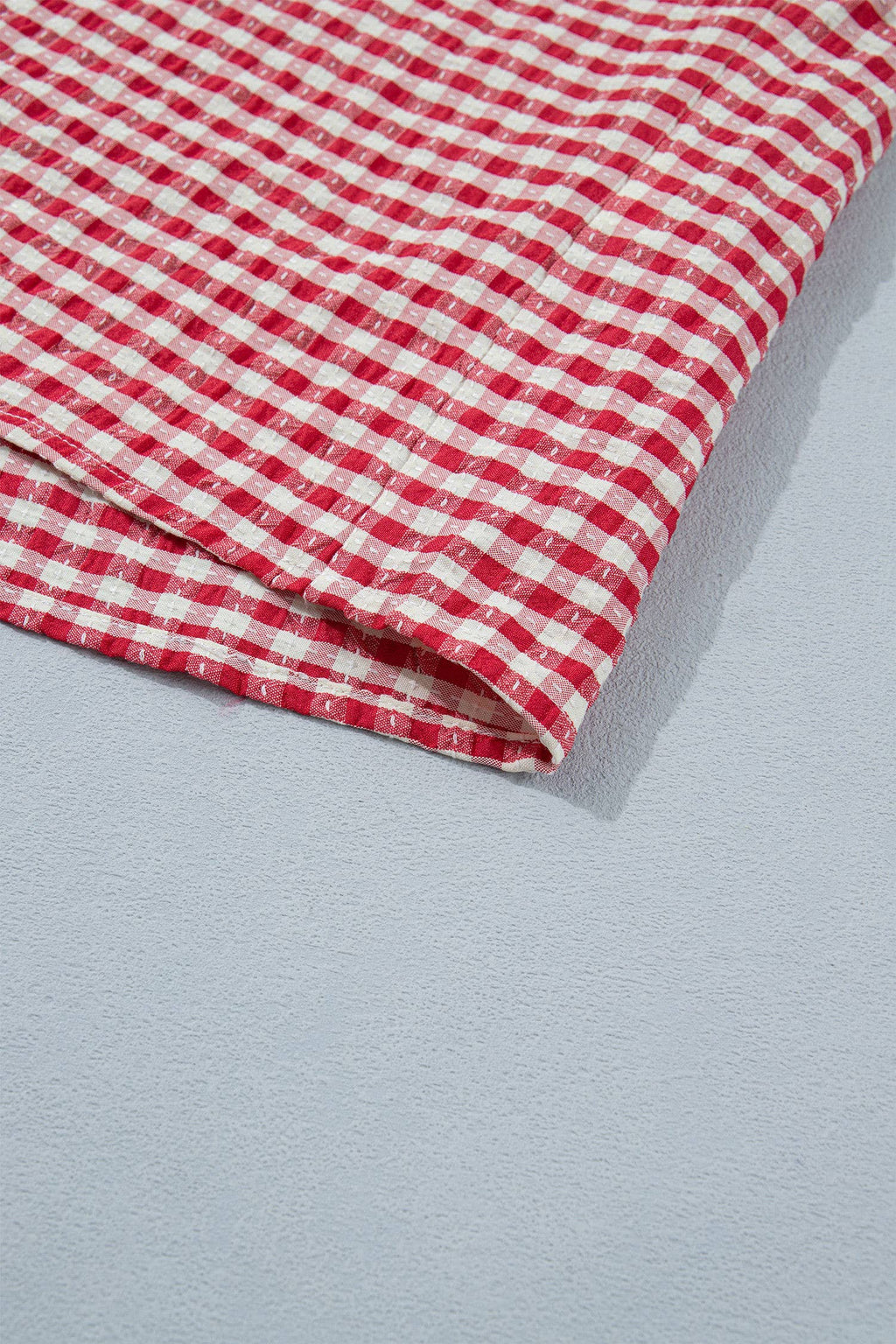 Gingham Short Sleeve Colorblock Trim Split Neck Top (S-XL)