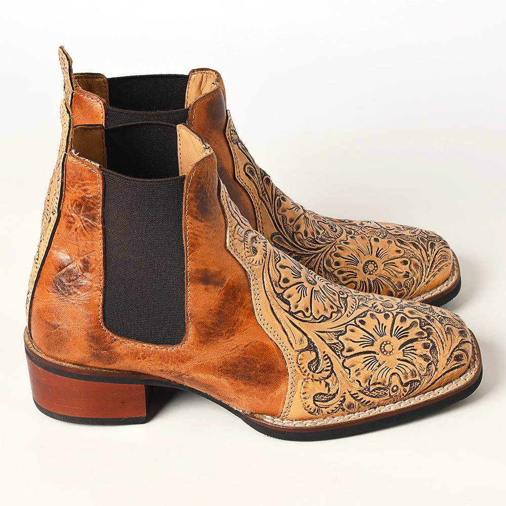 Hand Tooled Genuine Western Leather Riding Ankle Boot