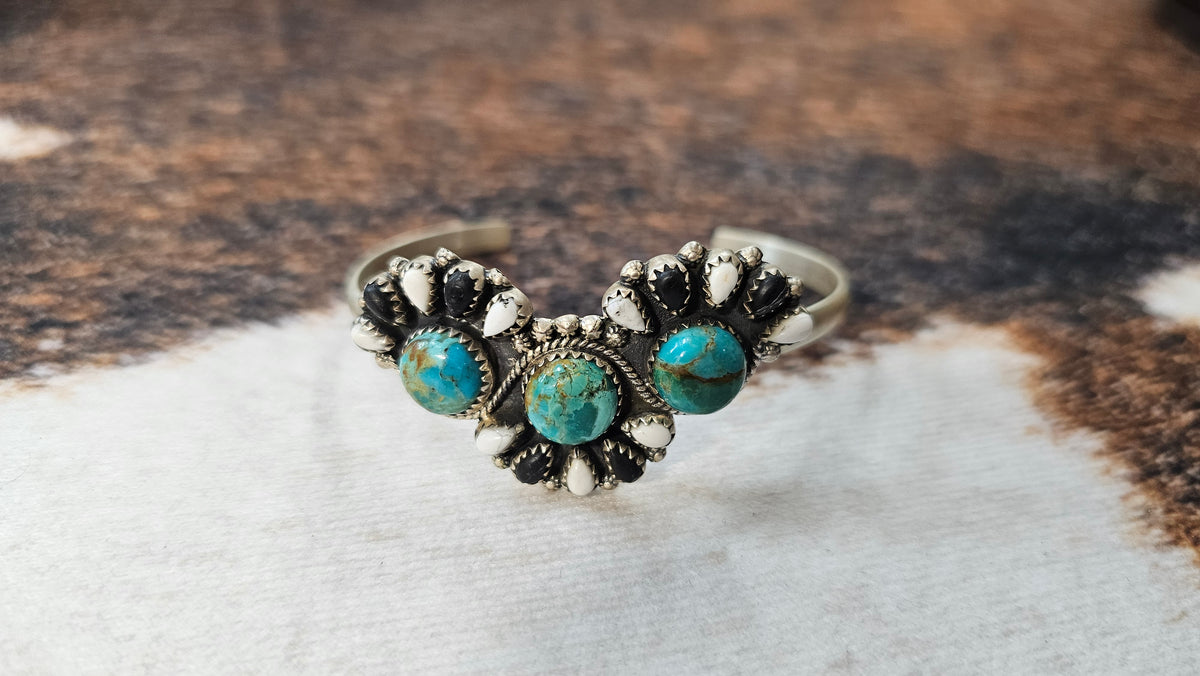 Handmade Sterling Silver Kingman and Manassa Turquoise with White Buffalo Cuff Bracelet "Signed Nizhoni"