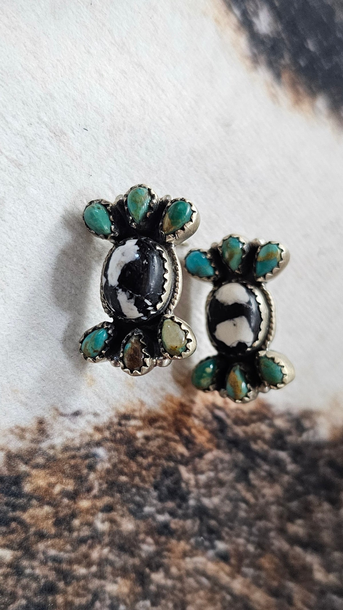 Handmade Sterling Silver White Buffalo with Kingman Turquoise Post Studs Earrings "Signed Nizhoni"