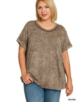 Plus washed ribbed cuffed short sleeve round neck top