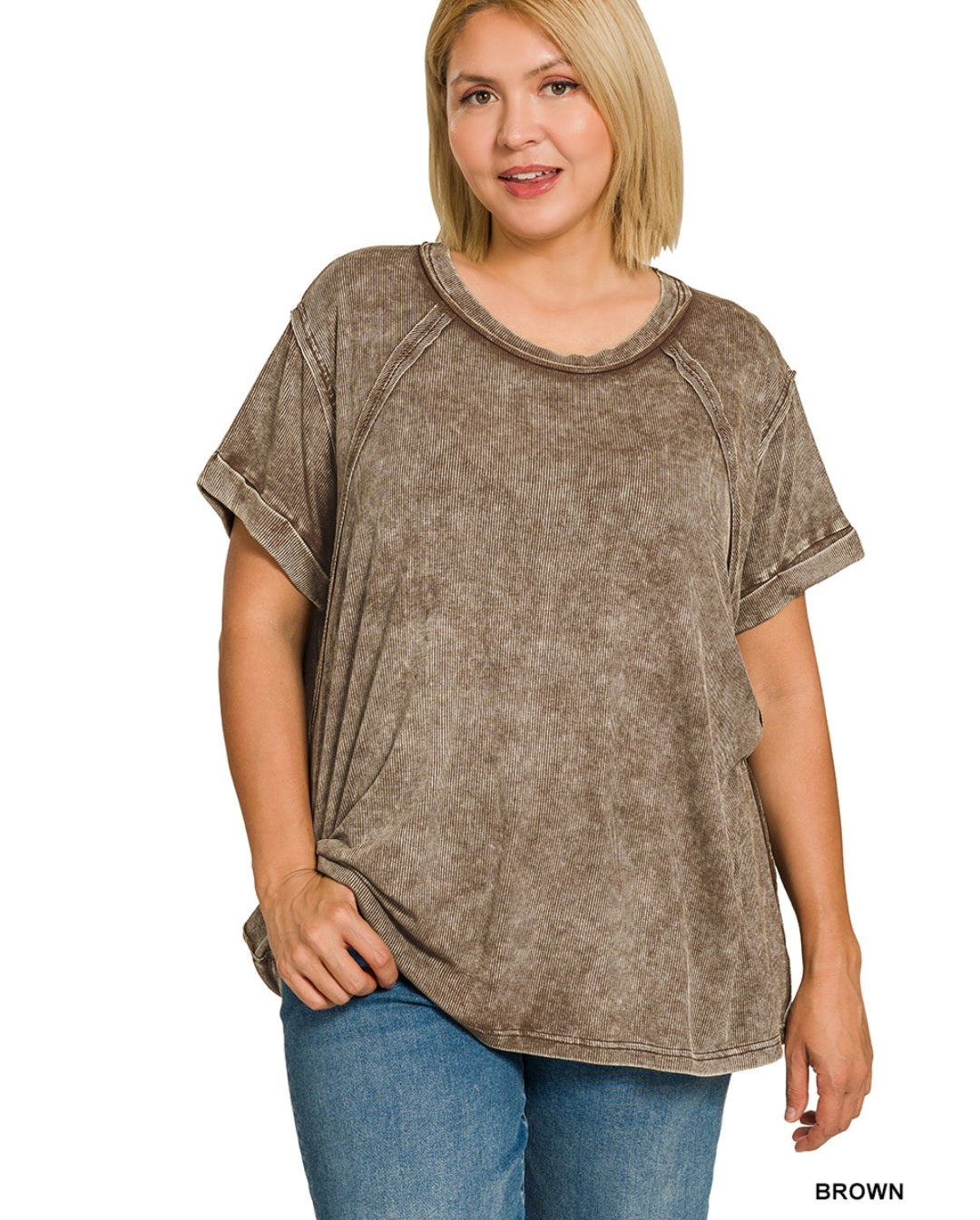 Plus washed ribbed cuffed short sleeve round neck top