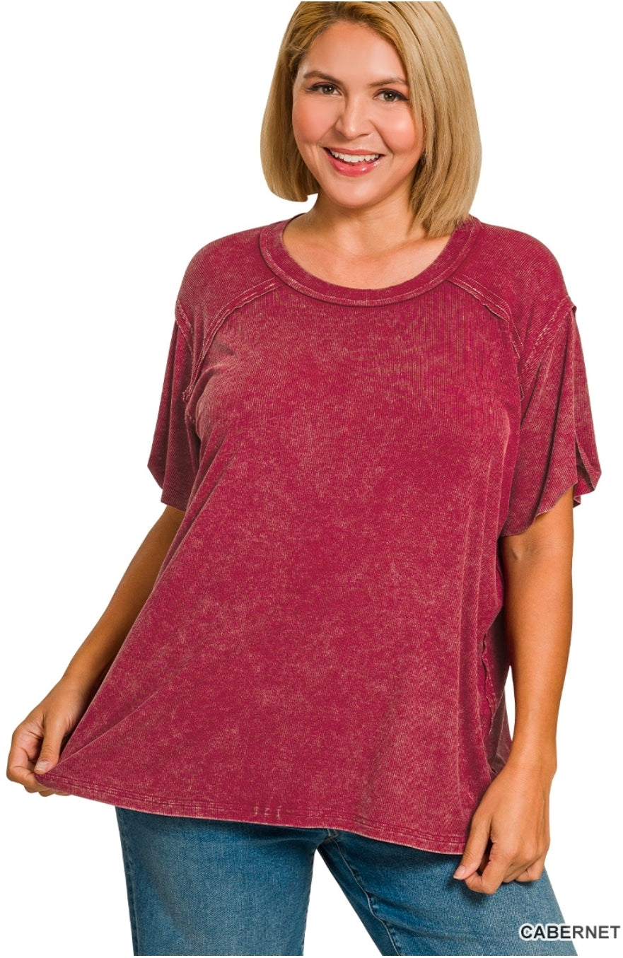 Plus washed ribbed short sleeve boat-neck top