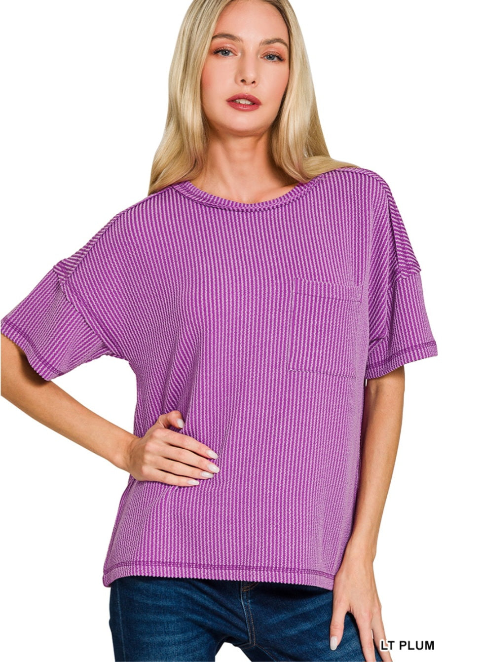 Raised rib exposed seam short sleeve top