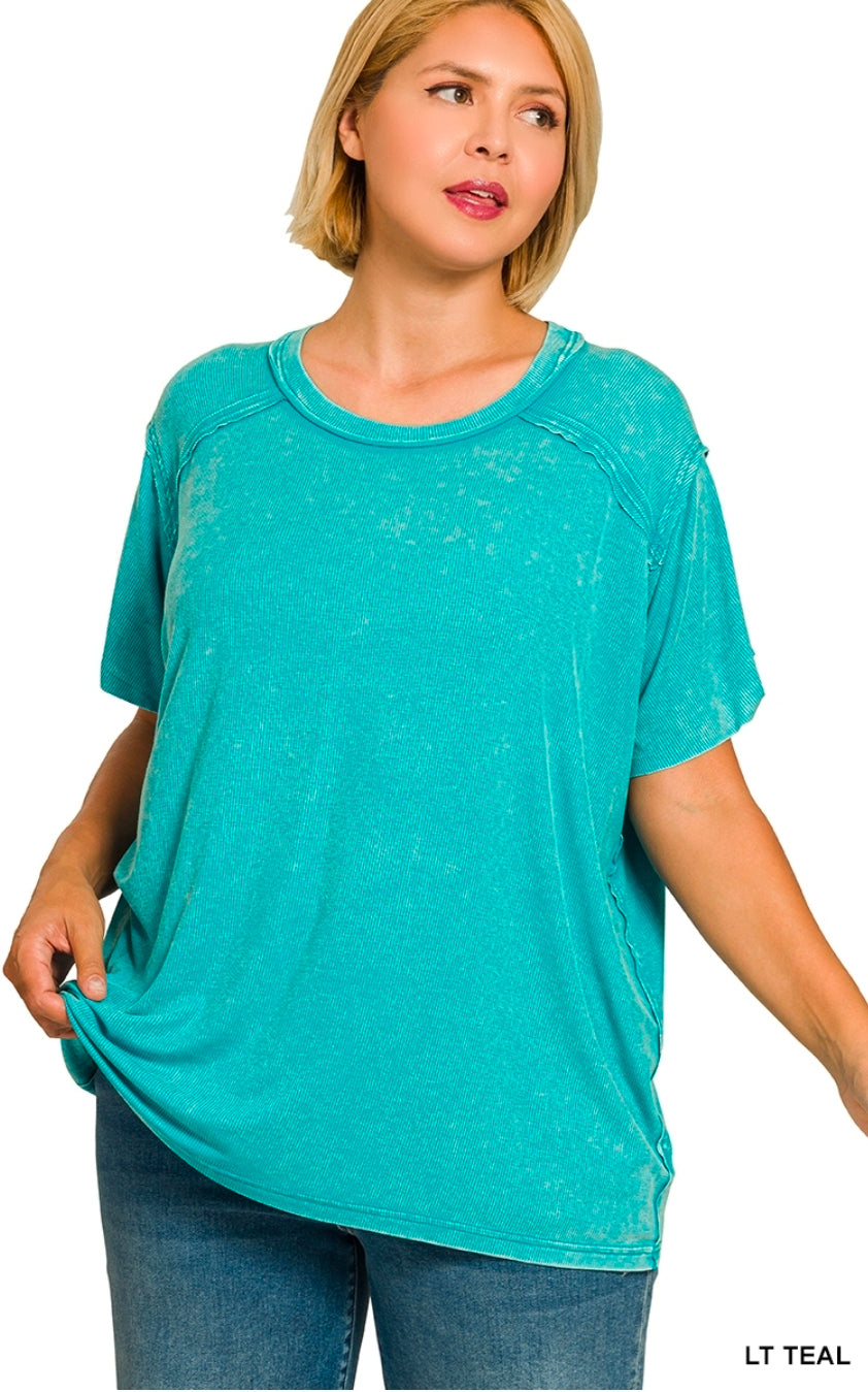 Plus washed ribbed short sleeve boat-neck top