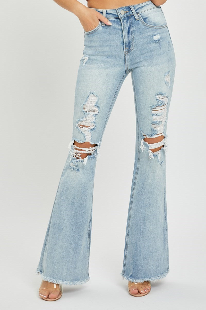Risen HIGH RISE DESTRESSED FLARE JEANS RDP5024X LIGHT