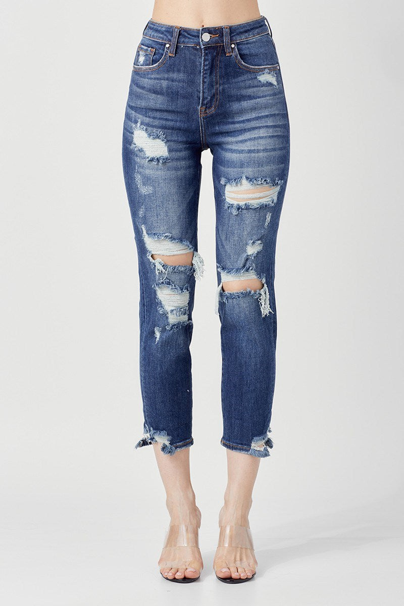 HIGH RISE DISTRESSED TAPERED JEANS