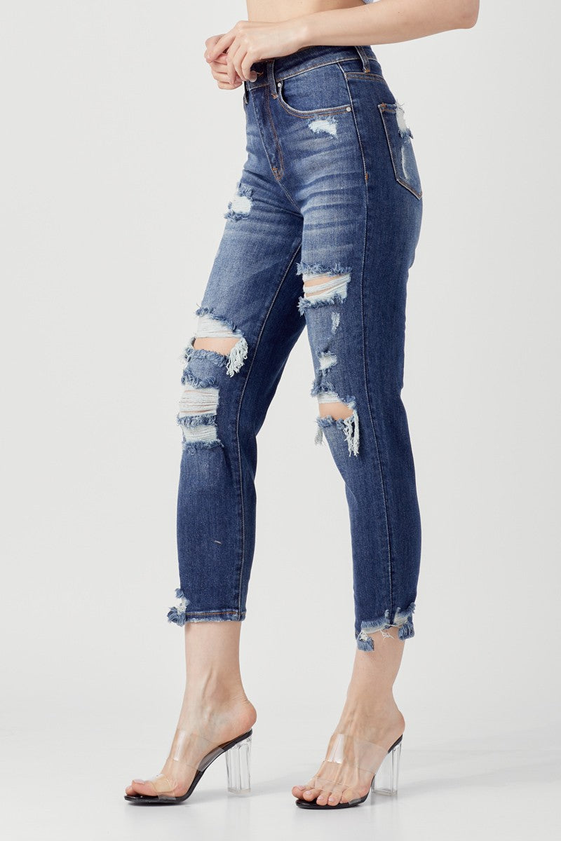 HIGH RISE DISTRESSED TAPERED JEANS