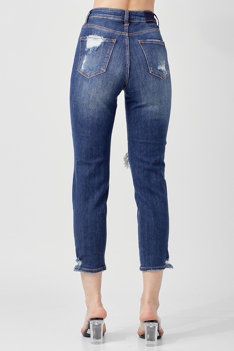 HIGH RISE DISTRESSED TAPERED JEANS