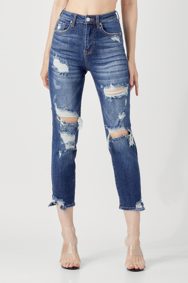 HIGH RISE DISTRESSED TAPERED JEANS