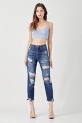 HIGH RISE DISTRESSED TAPERED JEANS