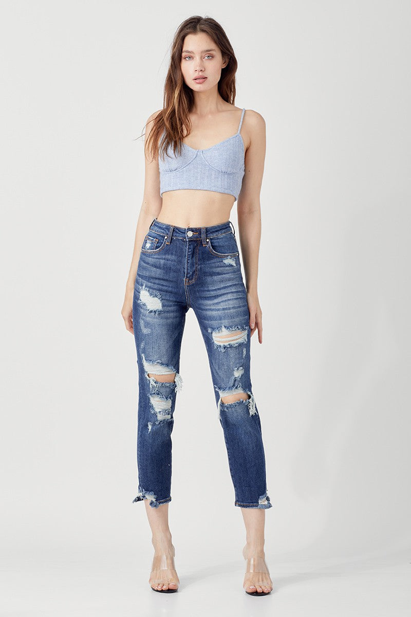 HIGH RISE DISTRESSED TAPERED JEANS