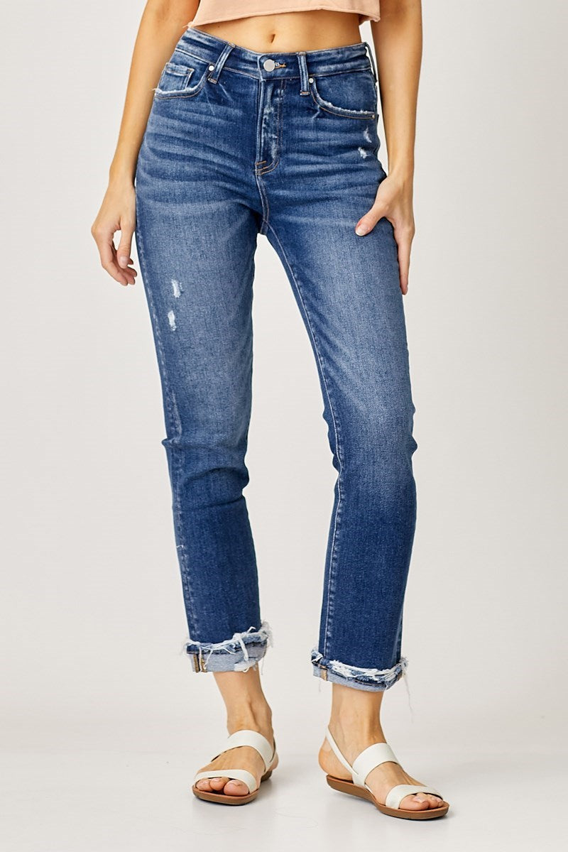 HIGH-RISE CUFFED STRAIGHT JEANS