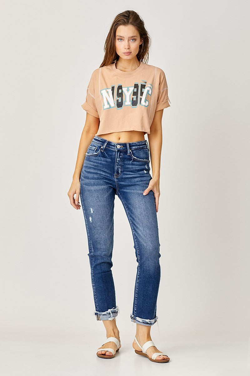 HIGH-RISE CUFFED STRAIGHT JEANS
