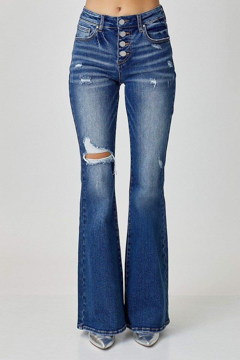 MID RISE BUTTON DOWN FLARE JEANS