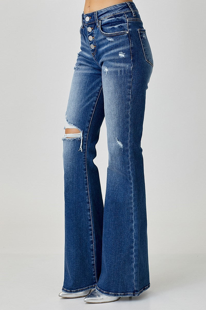 MID RISE BUTTON DOWN FLARE JEANS