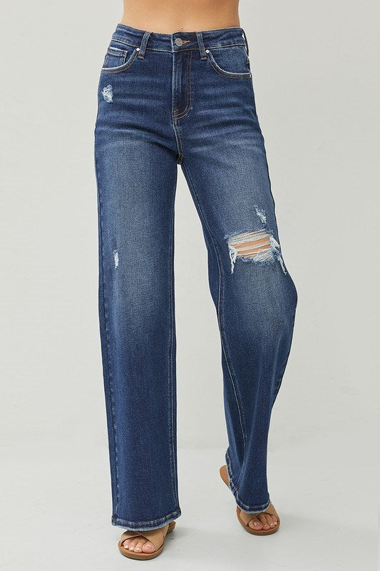 Risen HIGH RISE DISTRESSED DETAIL WIDE LEG JEANS RDP5522 DARK