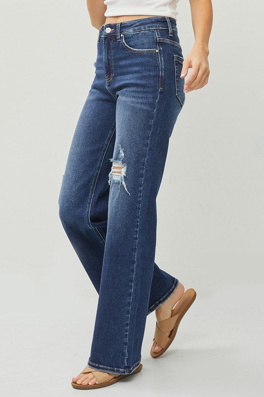 Risen HIGH RISE DISTRESSED DETAIL WIDE LEG JEANS RDP5522 DARK