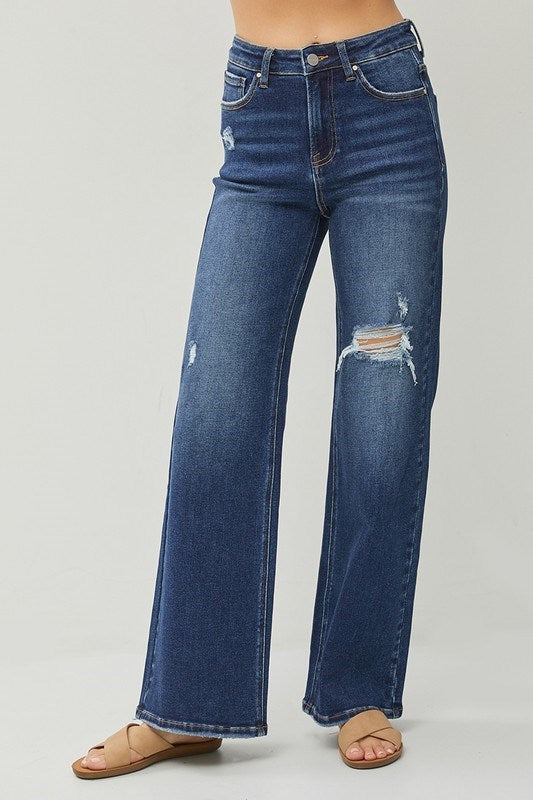 Risen HIGH RISE DISTRESSED DETAIL WIDE LEG JEANS RDP5522 DARK