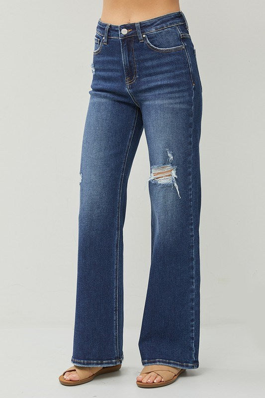 Risen HIGH RISE DISTRESSED DETAIL WIDE LEG JEANS RDP5522 DARK