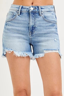 HIGH RISE DISTRESSED WASHED STEP SIDE HEM SHORTS