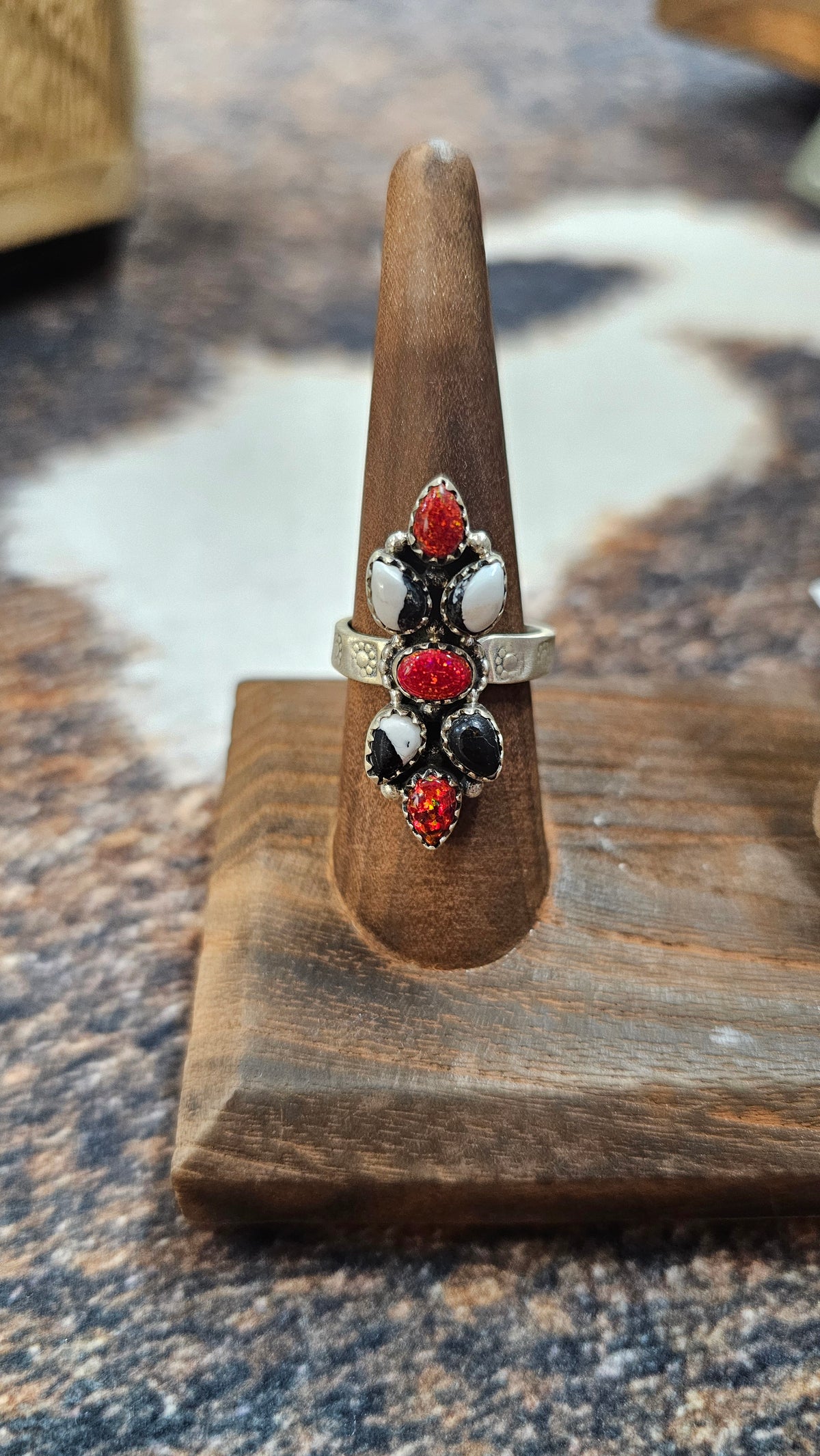 "Christmas Collection" Handmade Sterling Silver White Buffalo with Red Opal Adjustable Ring "Signed Nizhoni"