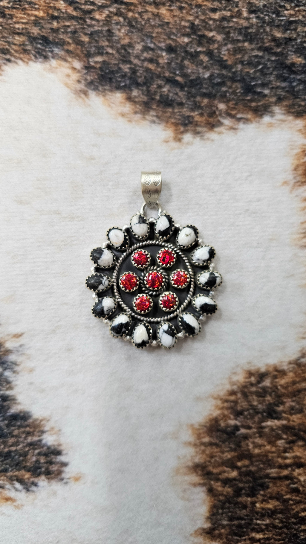 "Christmas Collection" Handmade Sterling Silver Red Opal with White Buffalo Pendant " Signed Nizhoni"
