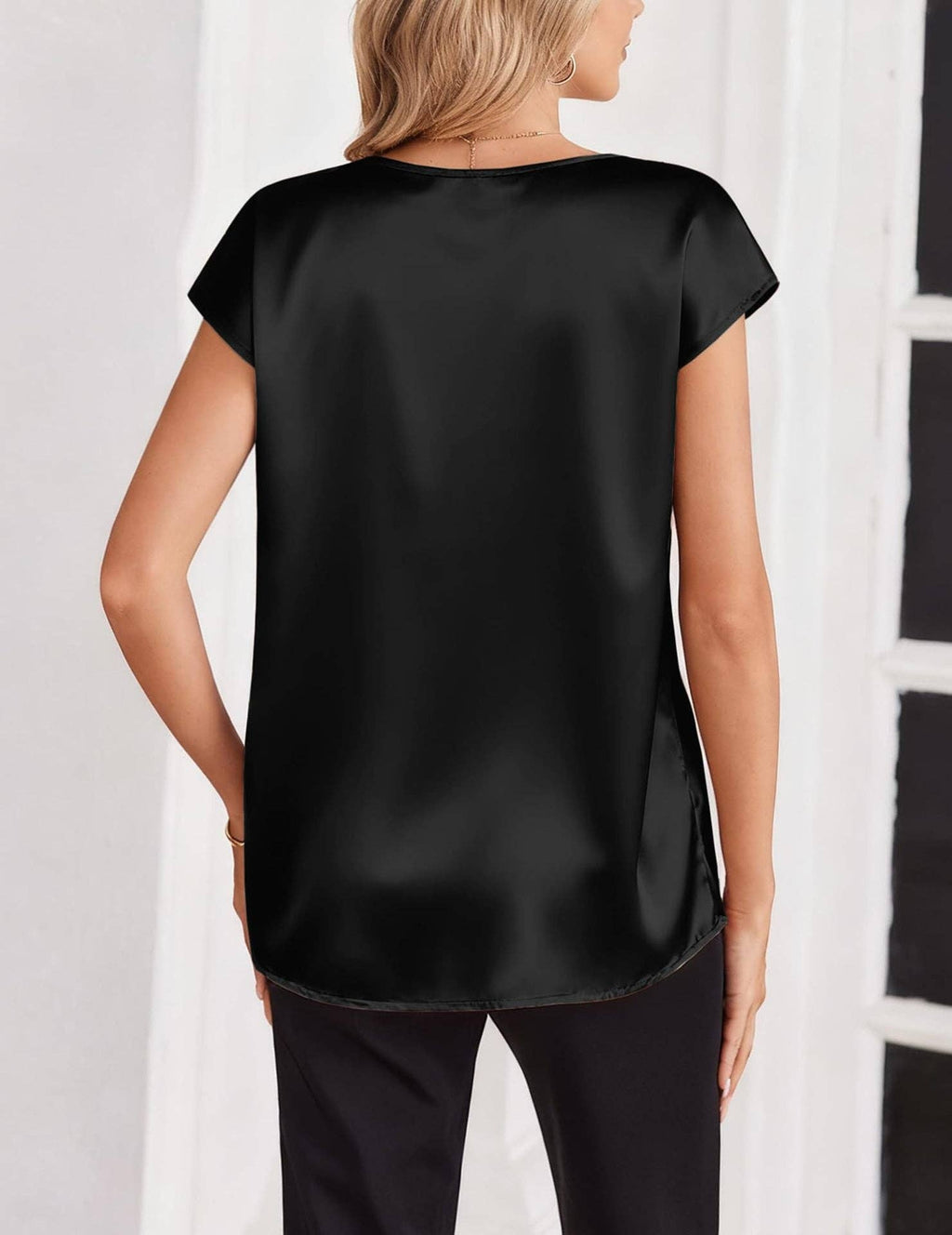 Satin V-Neck Short Sleeve Top Elegant Work & Casual Blouse