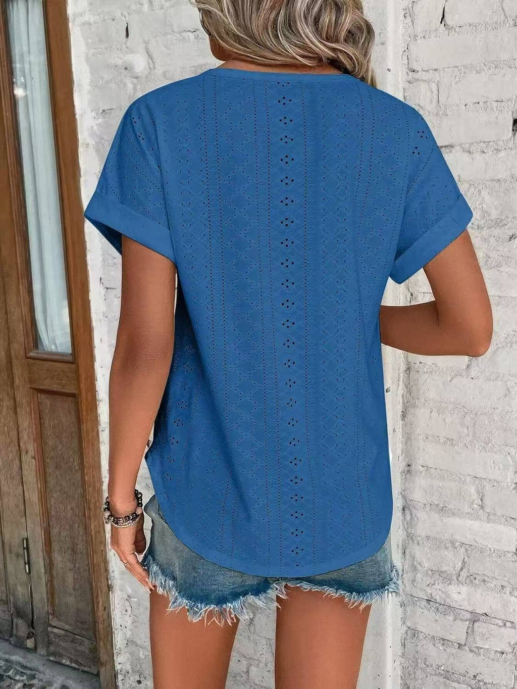 Solid Eyelet Short Sleeve Tee Loose Fit Casual Top