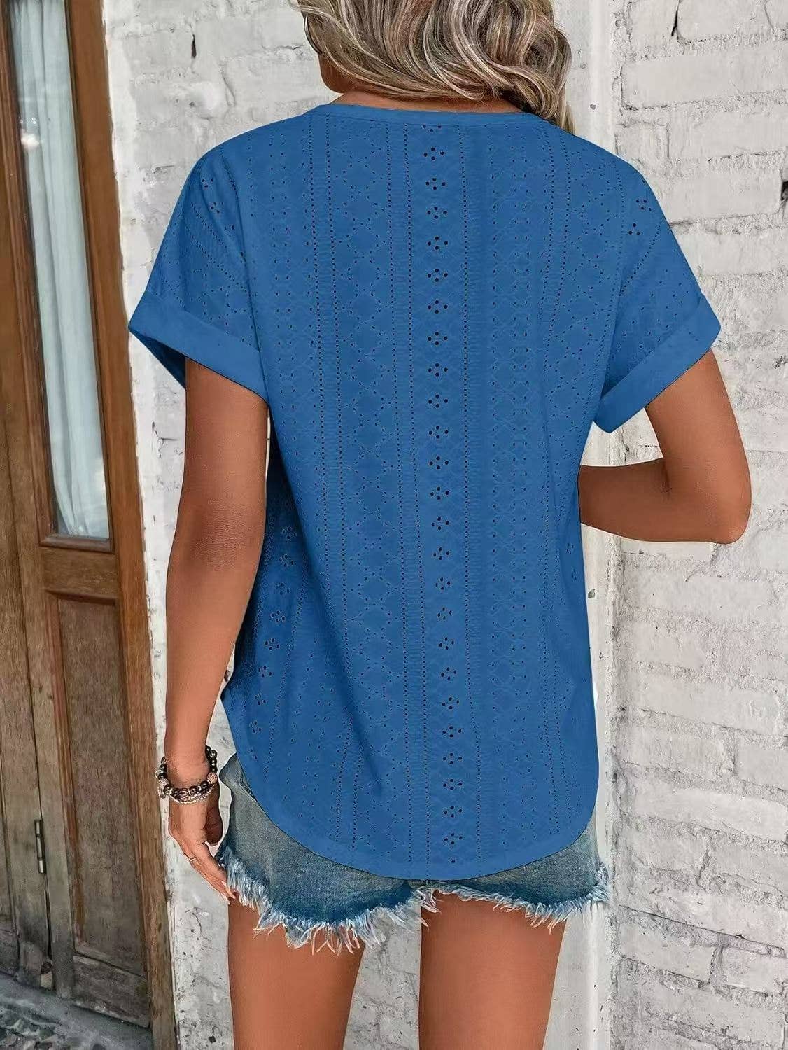 Solid Eyelet Short Sleeve Tee Loose Fit Casual Top